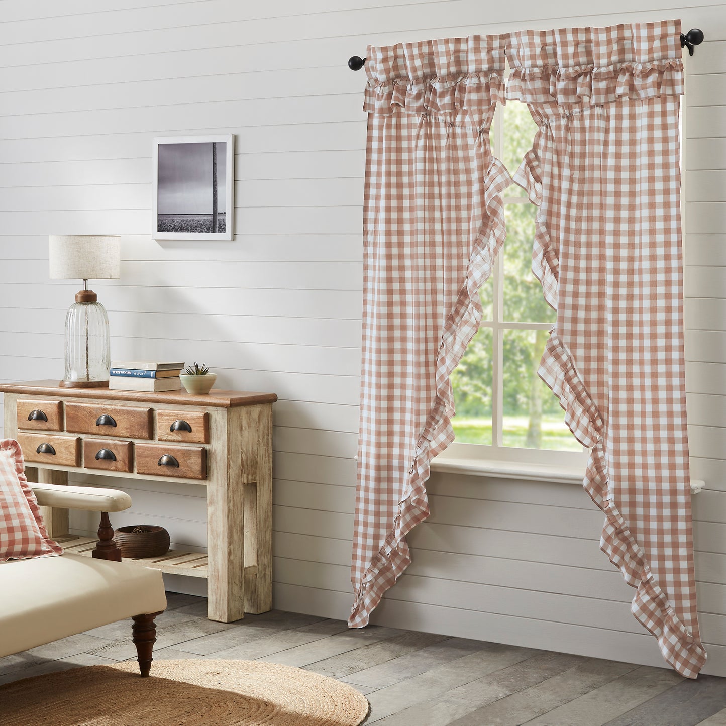 Annie Buffalo Check Farmhouse Ruffled Prairie Panel Window Curtain Set VHC Brands