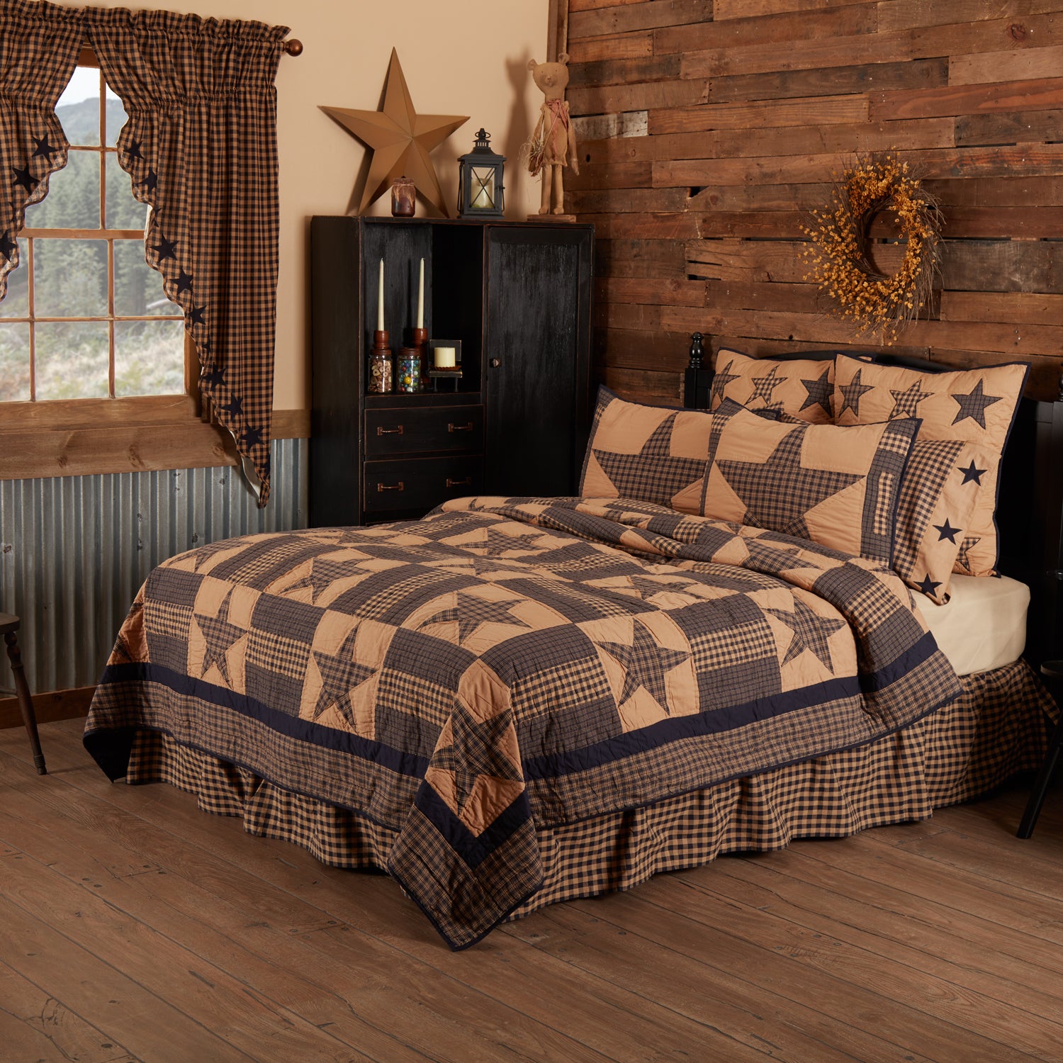 VHC Brands Bingham Tier Applique Star Set 2 Pannelli Tenda Con Fermatenda – Bordeaux, Cotone 213,4 X 101,6 Cm