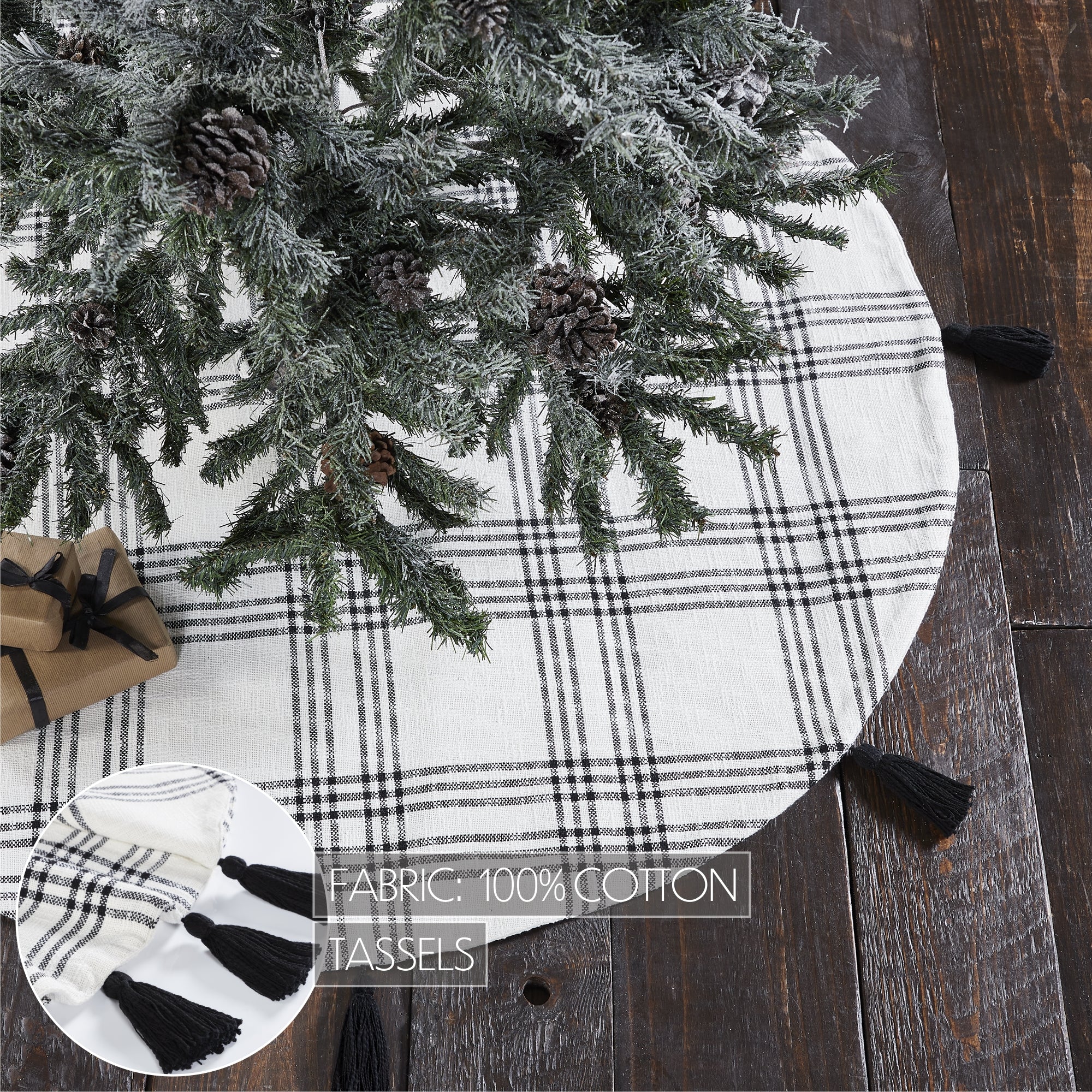 Farmhouse Christmas Tree Skirt Woven Plaid Textured Cotton Holiday