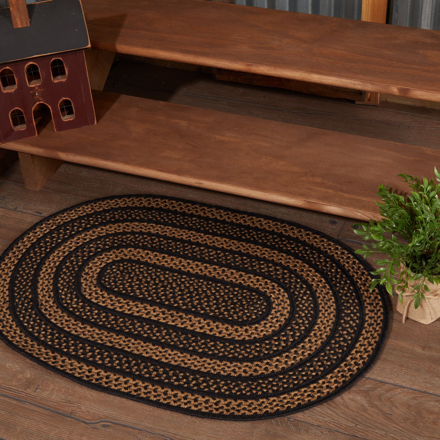 Rug Black & Tan Braided Jute Country No Slip Floor Decor VHC Brands ...