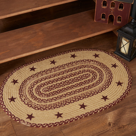 70710-Burgundy-Tan-Jute-Rug-Oval-Stencil-Stars-w-Pad-24x36-image-2