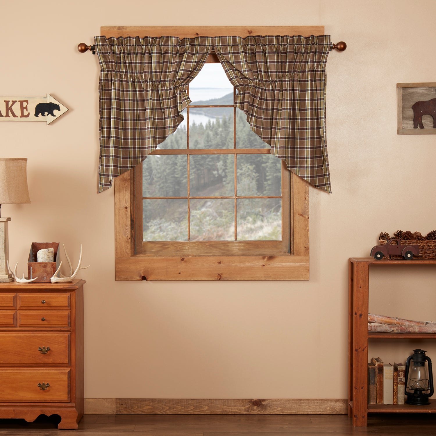 Rustic Swag Set Wyatt Brown Creme Plaid Lodge Country Kitchen Curtains Vhc Brands Home Decor
