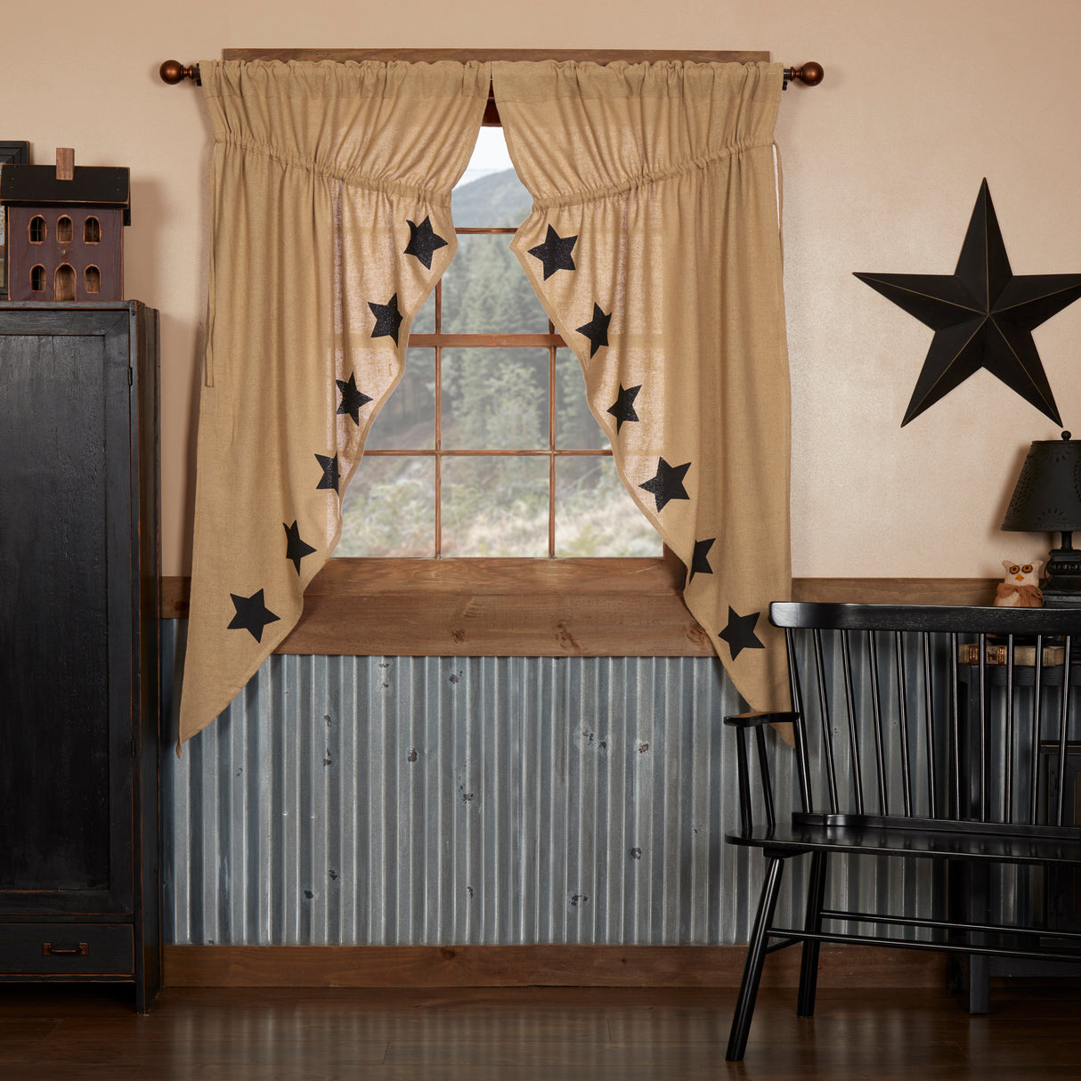 12394-Burlap-w-Black-Stencil-Stars-Prairie-Short-Panel-Set-of-2-63x36x18-image-1