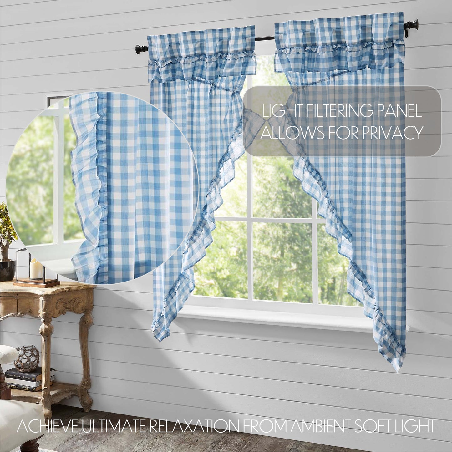 Annie Buffalo Check Farmhouse Ruffled Prairie Panel Window Curtain Set VHC Brands