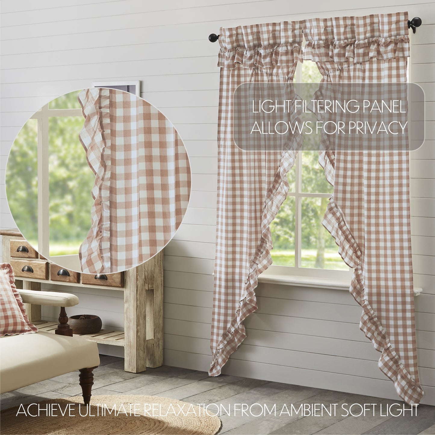 Annie Buffalo Check Farmhouse Ruffled Prairie Panel Window Curtain Set VHC Brands