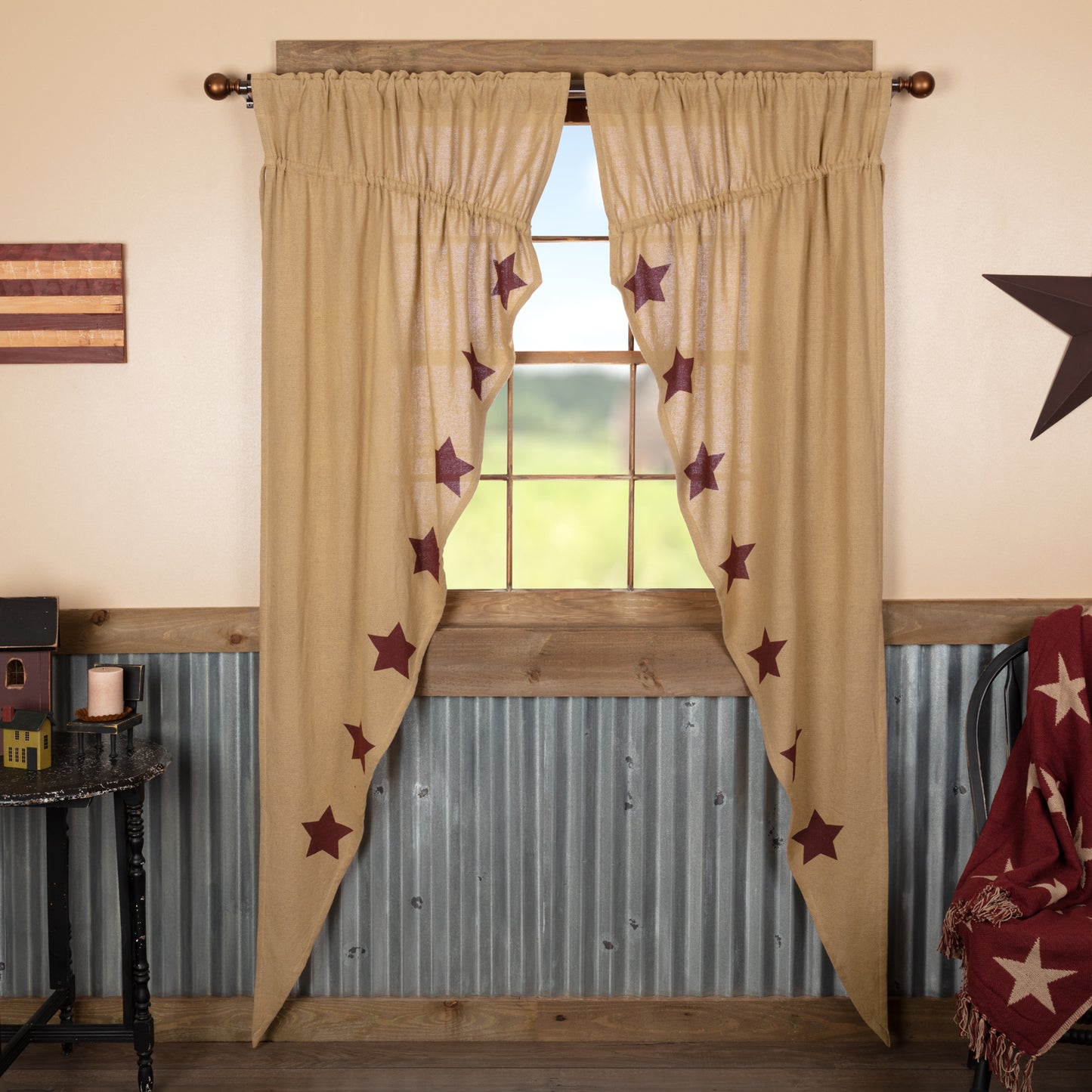 51178-Burlap-W-Burgundy-Stencil-Stars-Prairie-Long-Panel-Set-of-2-84x36x18-image-1